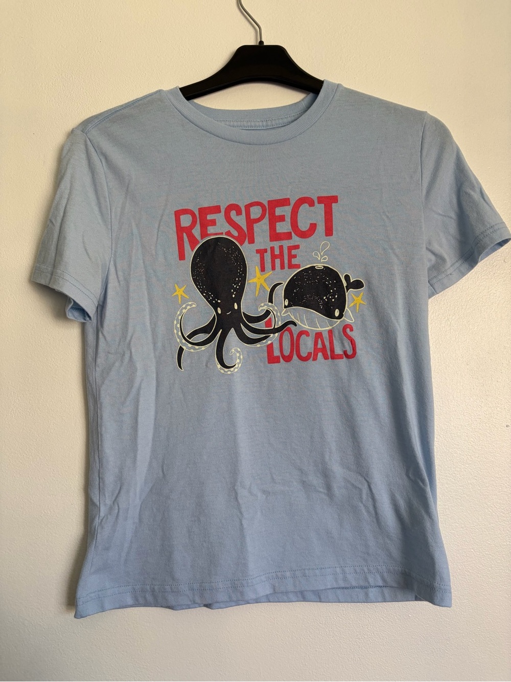 Women’s Small Kids xl Light Blue 'Respect the Locals' Octopus Graphic Tee